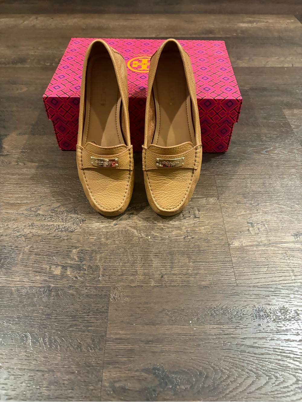 Coach Brown Leather Moccasin Loafers with Gold Plaque - Picture 5 of 6